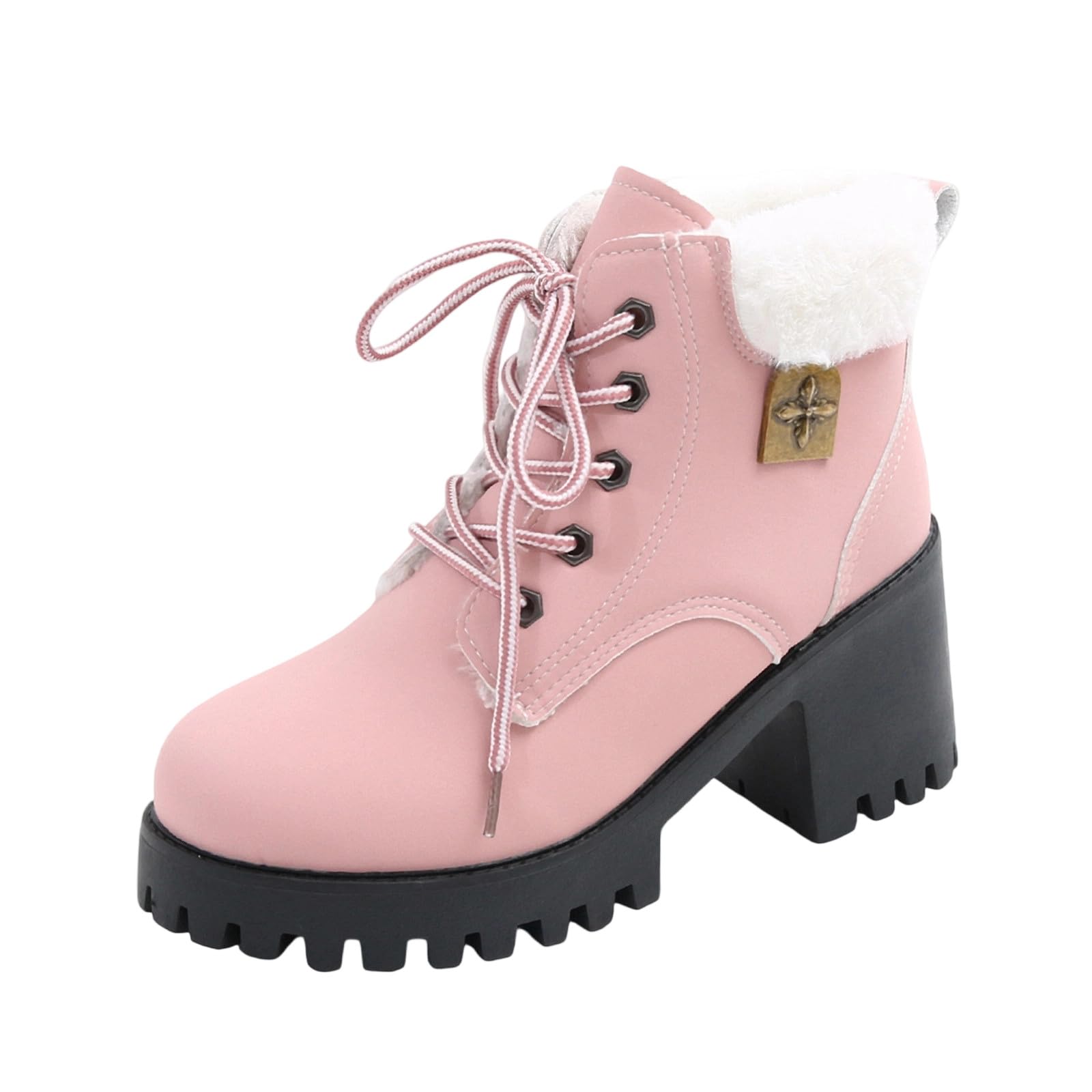 Womens Goth Ankle Boots Chunky High Heels Faux Fleece Lined Boot Winter Snow Platform Booties with Lace Up