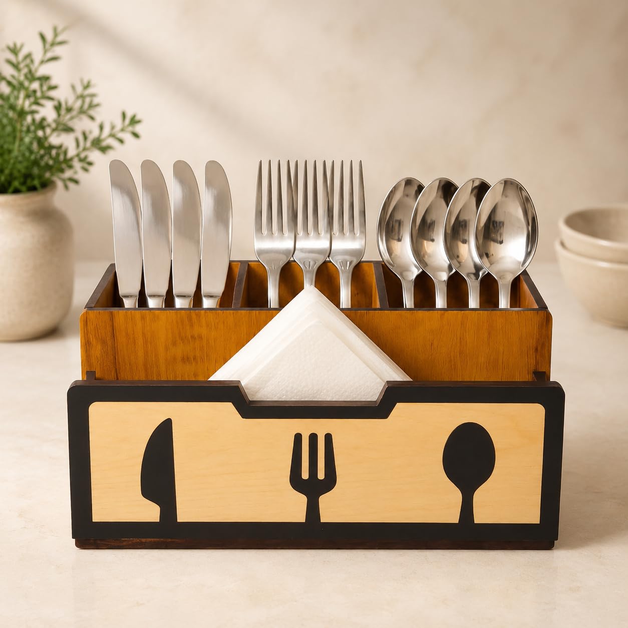 Wooden Cutlery Stand with Tissue Holder - Kitchen Organizer -1