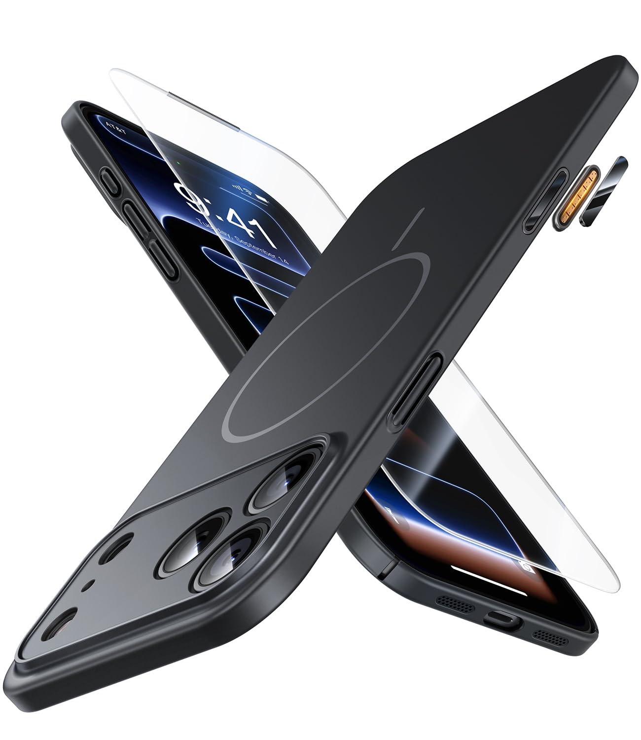 JUESHITUO iPhone 17 Pro 用の ケース 【超薄型・超軽量】シンプル MagSafe充電対応 マット質感 指紋防止 日本製PC 1Xスクリーン保護付き ストラップホール有り いphone 17 Pro 用の ケース 6.3 インチ ブラック