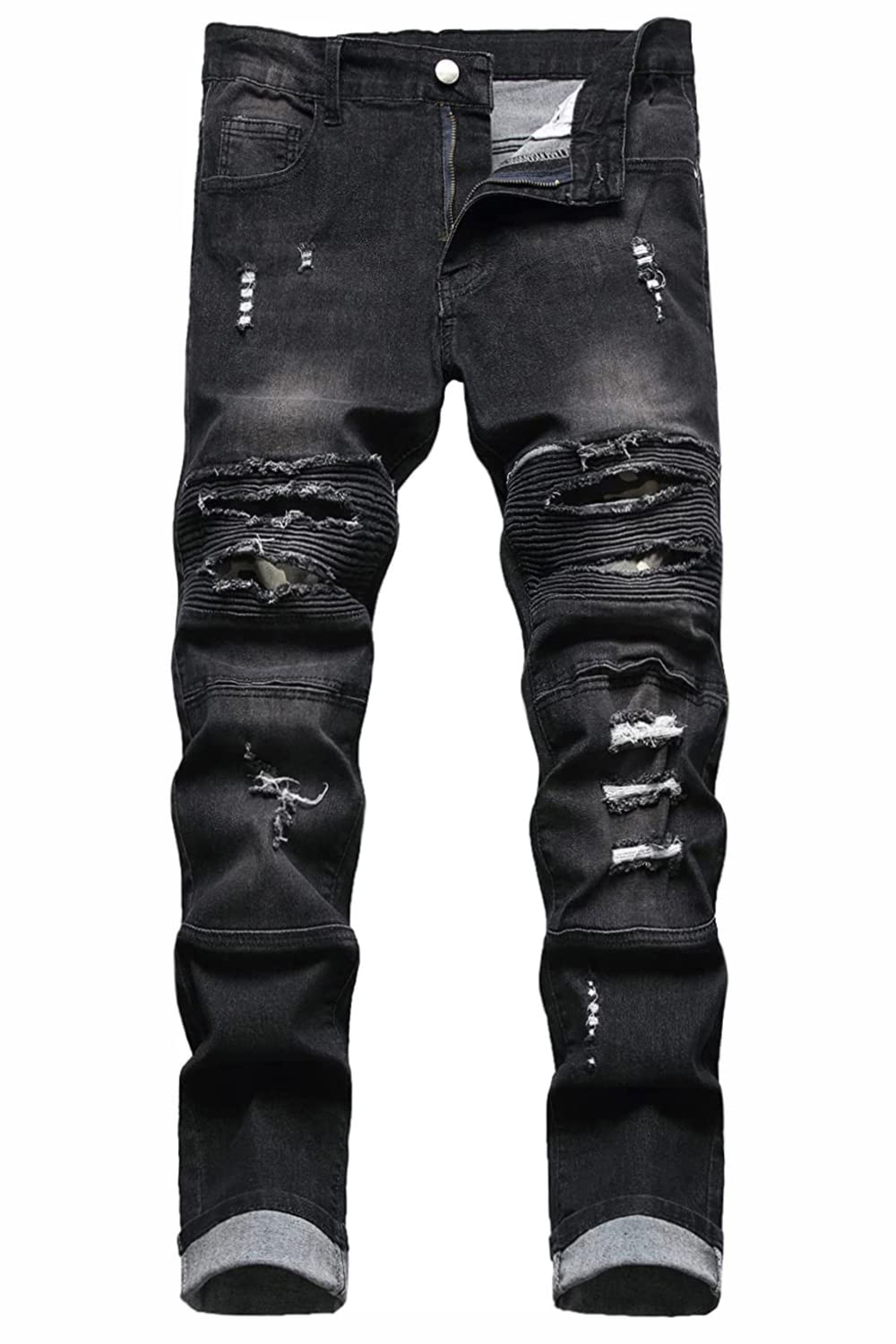 Baylvn Men's Ripped Distressed Slim Fit Holes Biker Jeans