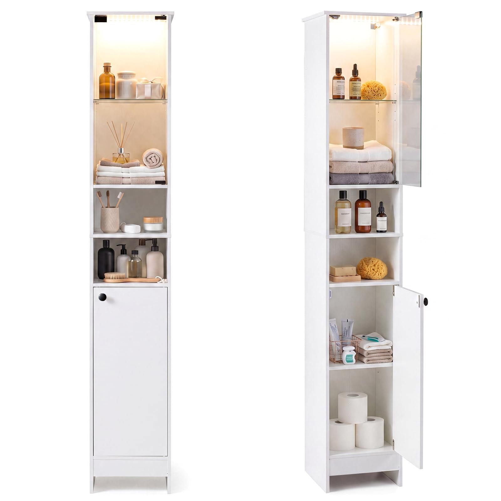 COSTWAY Mobile Alto da Bagno, Mobiletto a Colonna Stretto con Luci LED e Telecomando, Ante in Vetro e Mensole Regolabili, Armadio Salvaspazio a Terra per Soggiorno, 30 x 30 x 170 cm (Bianco)