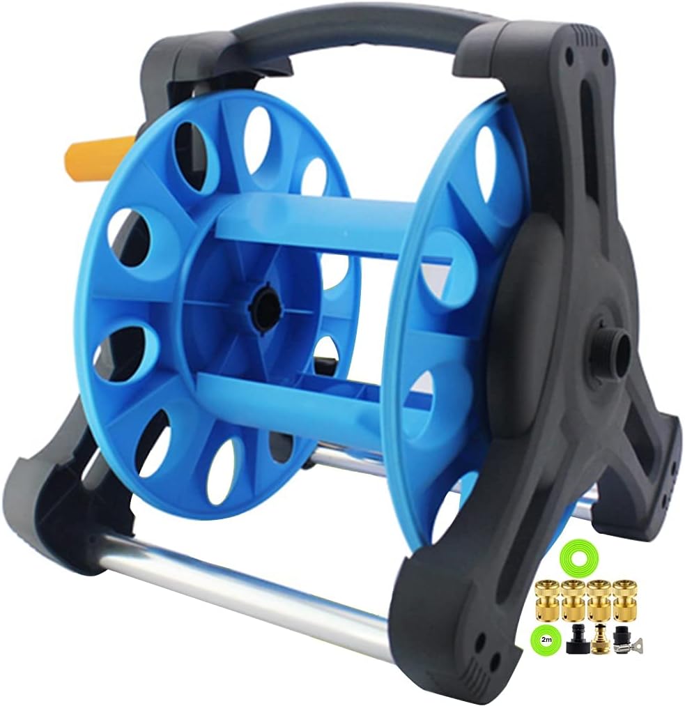 Garden Hose Reel Cart with Hose,Garden Grass Watering Irrigation Hose Truck, Outdoor Portable Pet Cleaning Hose Storage Rack, Water Pipe + Water Gun (Color : Blue, Size : +DN15 10m Pipe A)