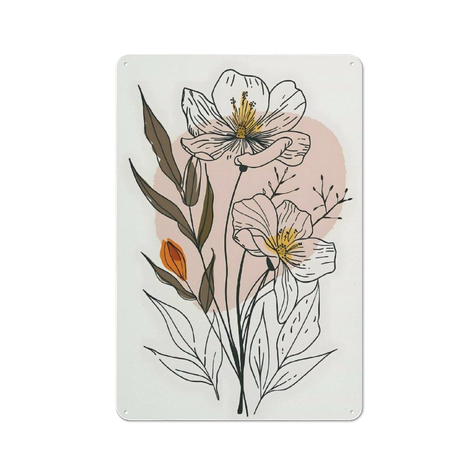Junmoney Style-13 Tin Wall Plaque 30X20cm With Floral Line Art With Abstract Background For Hallway Wall, A Decorative Metal Sign For Hallways And Entrance Areas