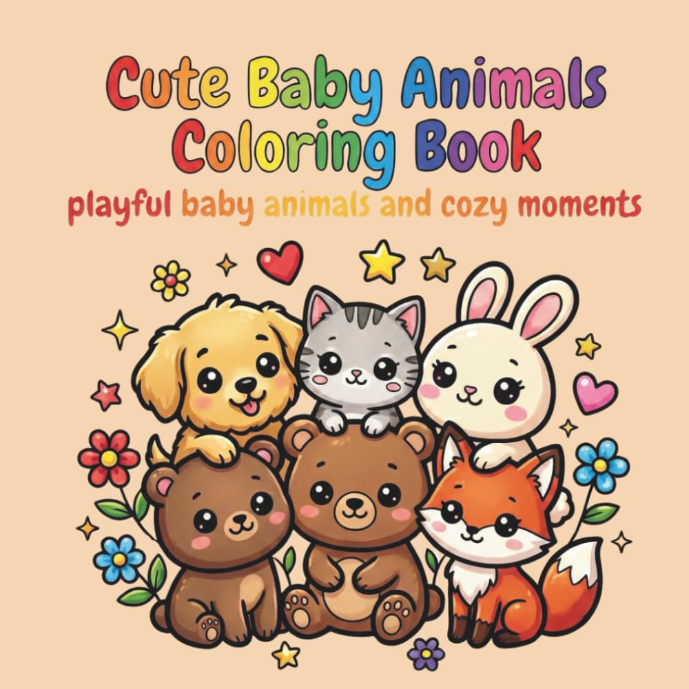 Cute Baby Animals Coloring Book: A Relaxing Collection of Adorable Puppies, Kittens, Bunnies, and More for Stress Relief and Fun