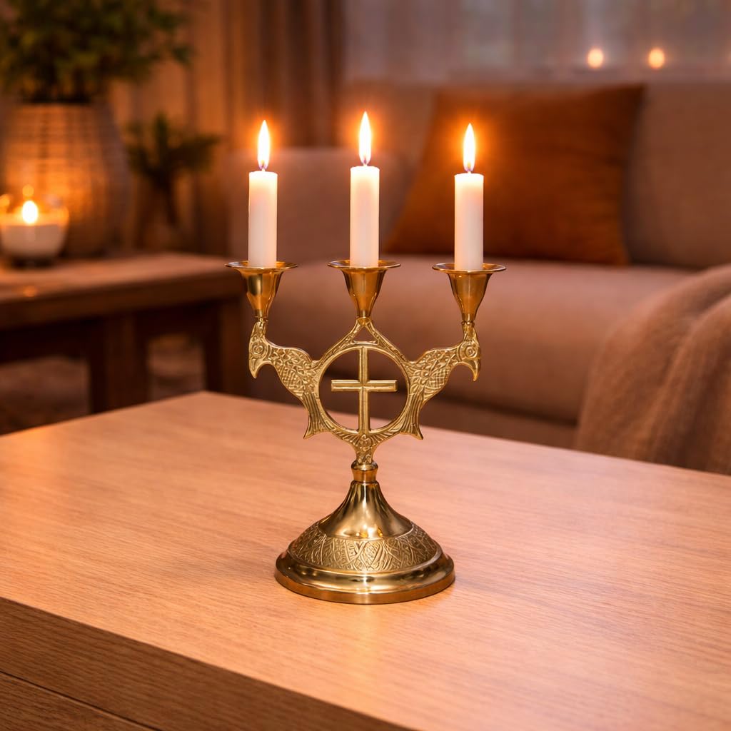 Buy Brass 3 Arm Candle Holder with Cross Design – Decorative