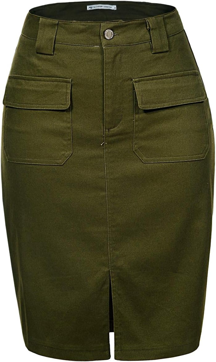 Women's Midi Knee Length Workout Cotton Pencil Skirts with Front Pockets and Slit