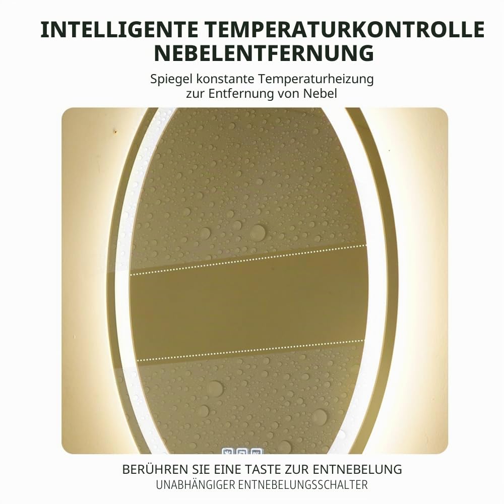 70x90 cm Ovaler LED-Badezimmerspiegel Beleuchtet Wandmontage