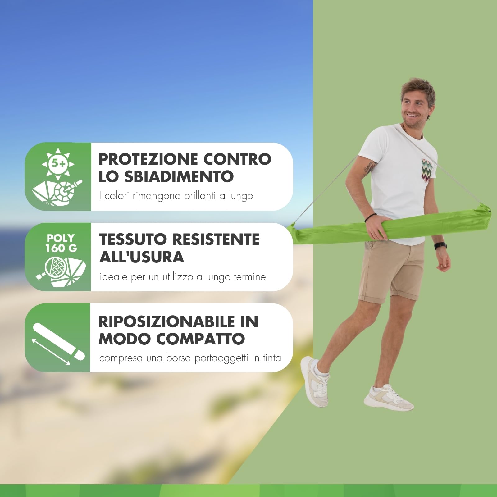 derby Ombrellone da 200 cm, ombrellone per spiaggia, balcone e terrazza, regolabile in altezza, con protezione UV, ombrellone pieghevole, per spiaggia e piscina all'aperto, ombrellone da spiaggia