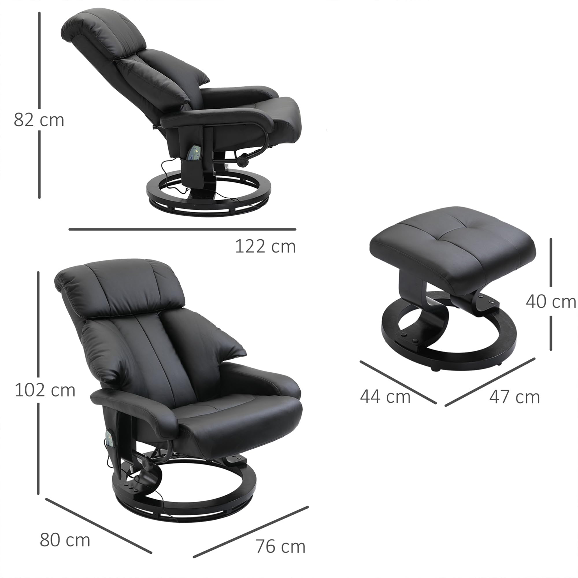 HOMCOM Poltrona massaggiante con poggiapiedi, poltrona relax, poltrona elettrica con funzione reclinabile, poltrona reclinabile per soggiorno, in ecopelle, colore nero