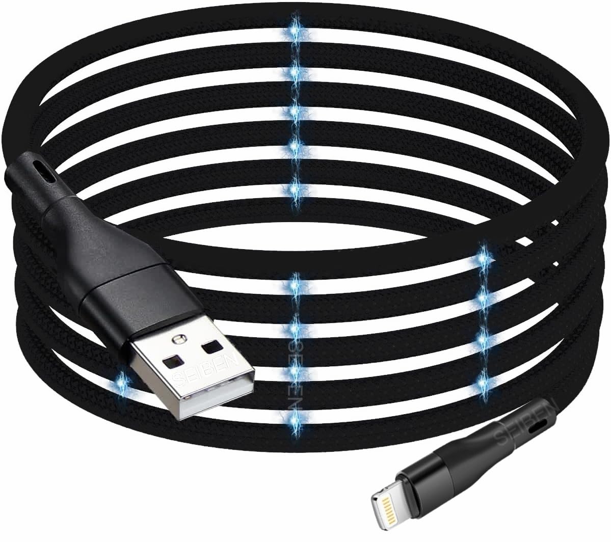 Magnetic Coiled Type A - Type L MagCable® compatible with iPhone, iPad and Airpods, 65W / 3.1A Magnetic Nylon Braided O-MagCable®, PD Technology, QC 3.0 Quick Charging - 1.2 meter , Type A - L , Black