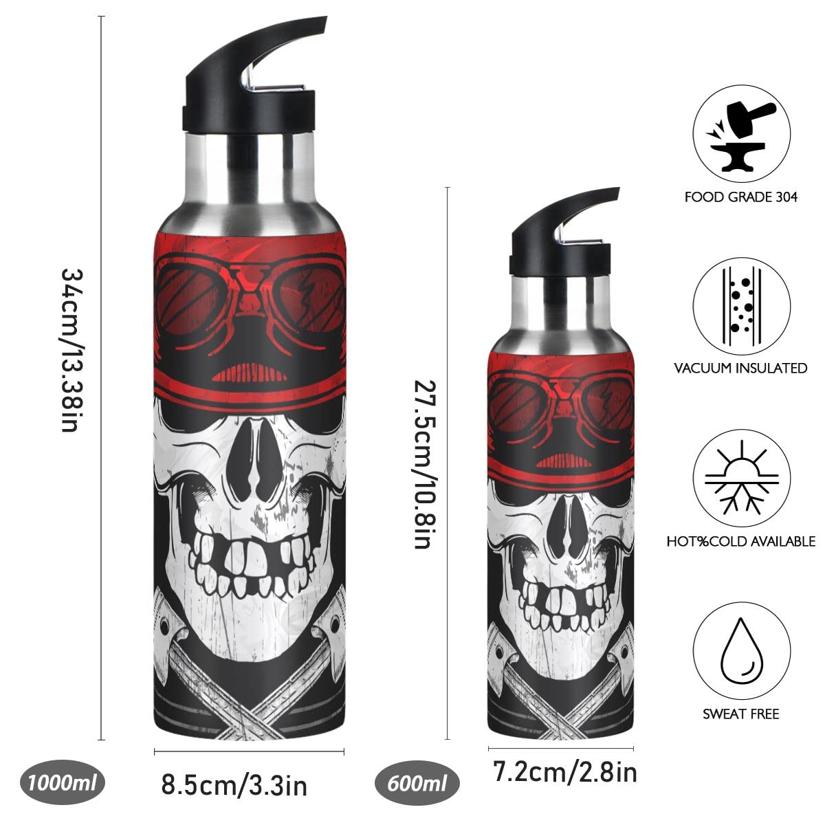 Edelstahl Wasserflasche mit Strohhalm, Halloween Totenkopf Isolierte Trinkflasche Sport Wasserflasche für Kinder Erwachsene, auslaufsicher, 1L