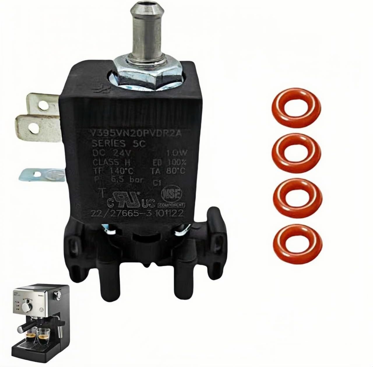 Solenoid Valve for Coffee Machines - Compatible w/Part #421945024531 & 4 Sealing Rings (996530013564)