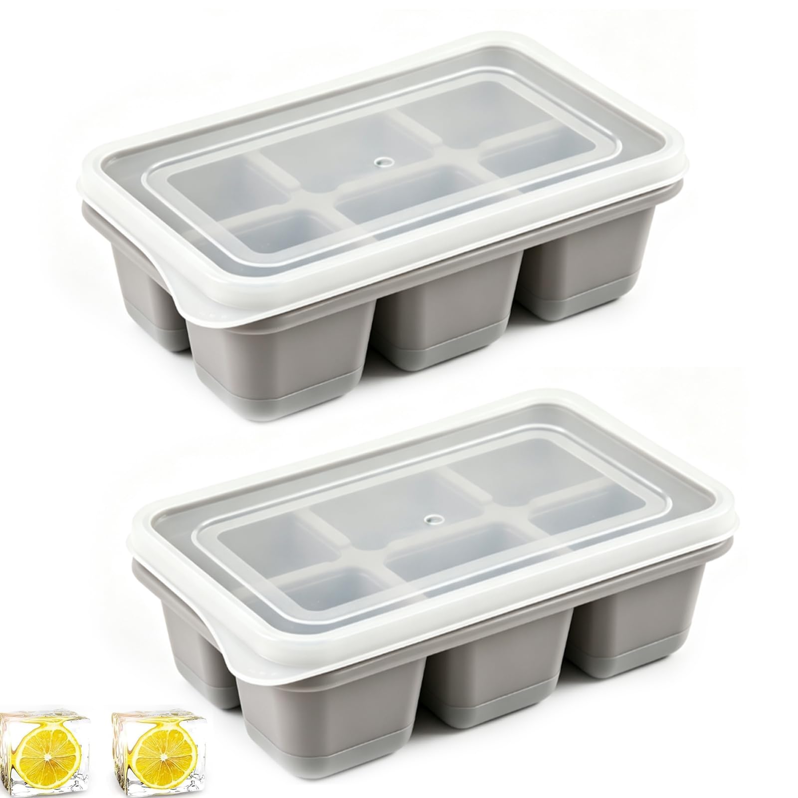 2 Pcs 6-Cavity Square Silicone Ice Cube Moulds with Lid