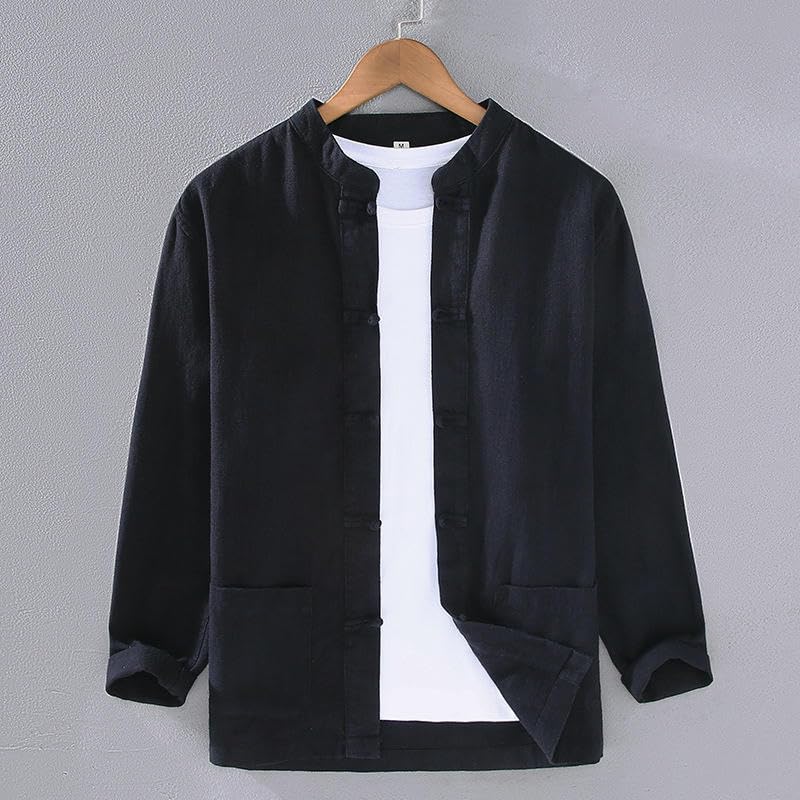 Chemise homme style chinois coton et lin manches longues traditionnelles amples - 7