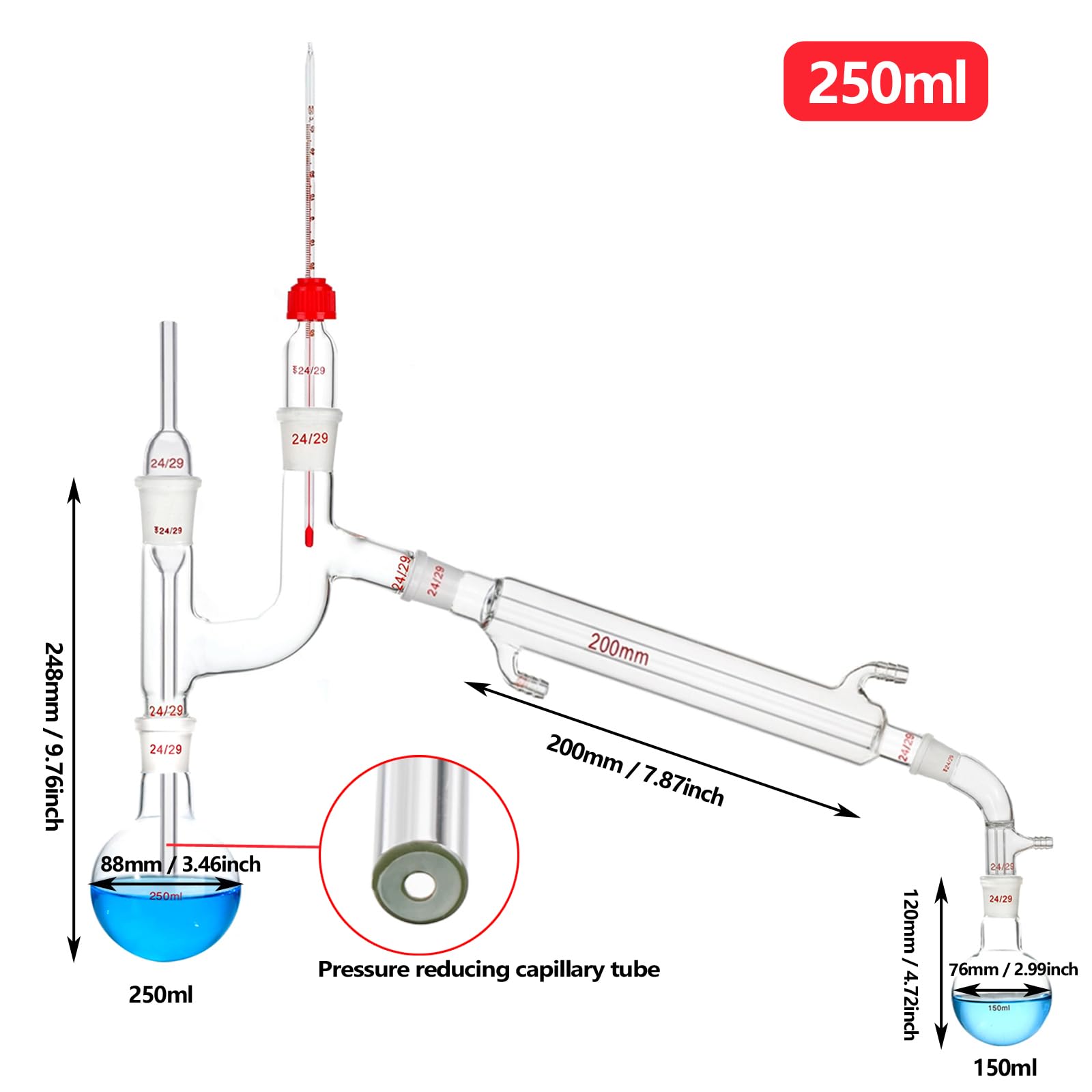 Aparato de destilación de vidrio de borosilicato Kit de destilación al vacío Laboratorio de química Artesanía de vidrio 24/29 Junta (250ml)