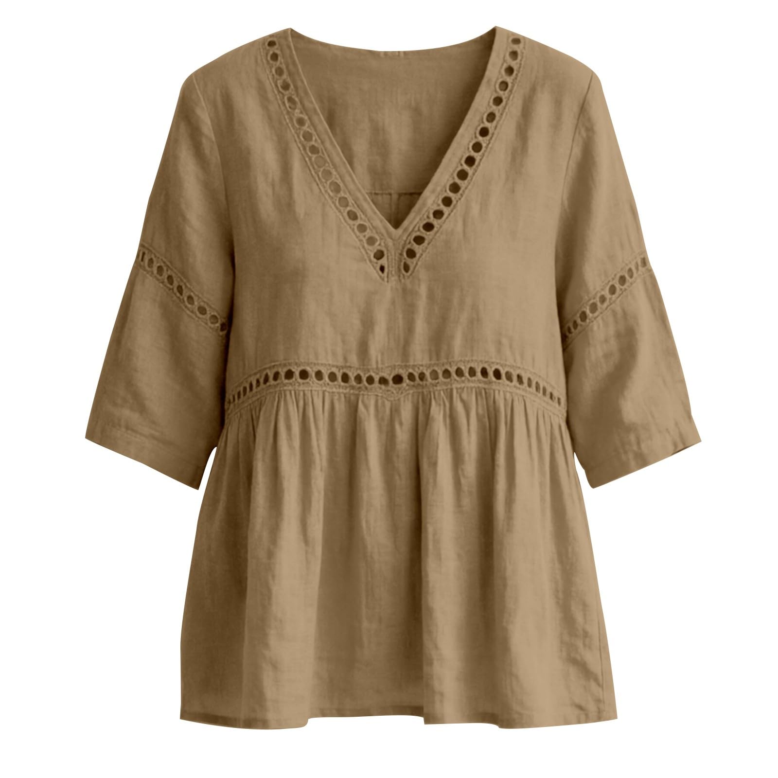 Top da donna con scollo a V, ricamato, mezza manica, in bambù