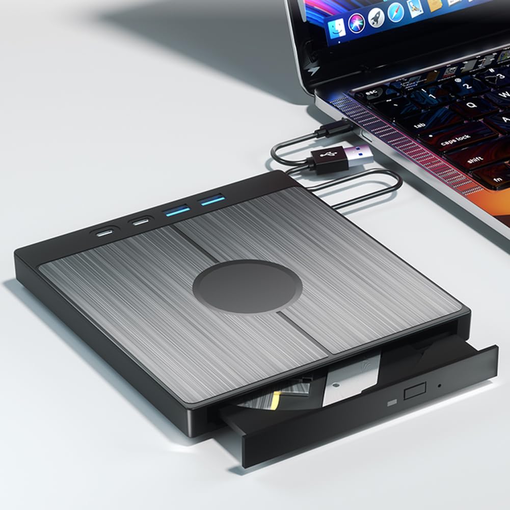 Unidad de CD/DVD Externa portátil con Doble USB/Tipo C, Ranuras SD/TF, Transferencia de Datos de Alta Velocidad para PC