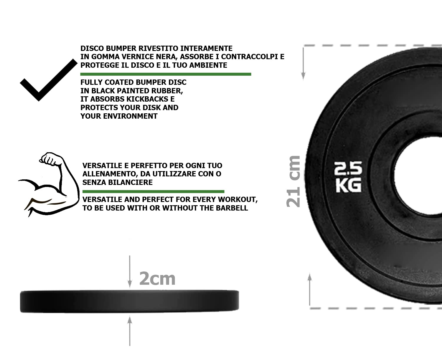 G5 HT SPORT Disco Bumper Micro Carico Total Black Foro Ø50 mm per Palestra E Home Gym da 0.5 A 2.5 kg