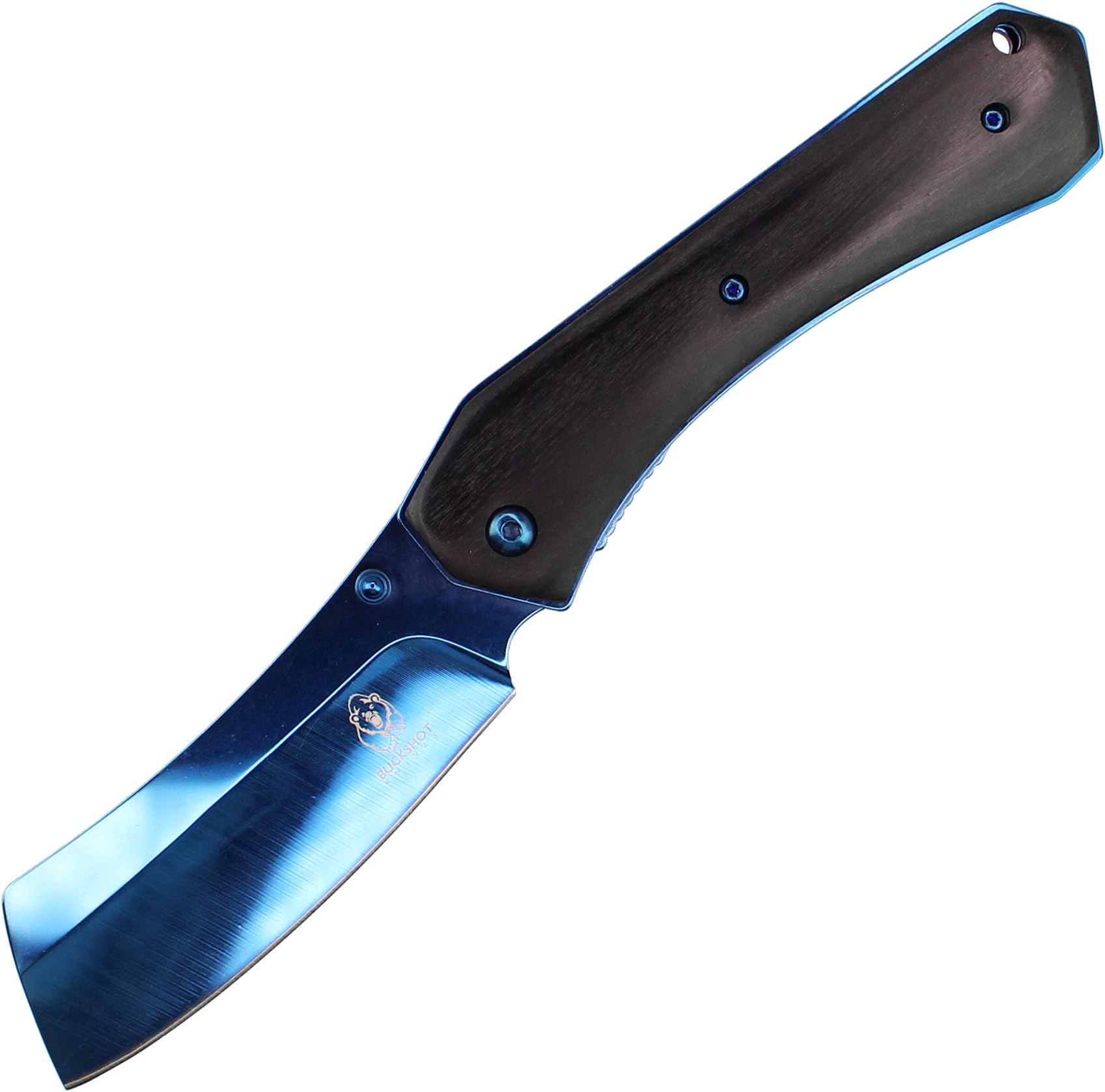 Buckshot 8” Dark Wood Handle Spring Assisted Thumb Open Folding Pocket Cleaver | Phantom Blue Edition | Bonus Holt Multi Tool Keychain
