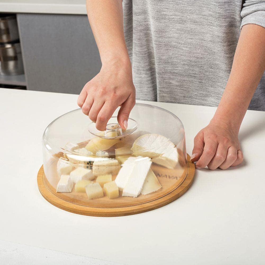 NAVA Tagliere per formaggio, 28 cm, in bambù con copertura per campana salvafreschezza per servire