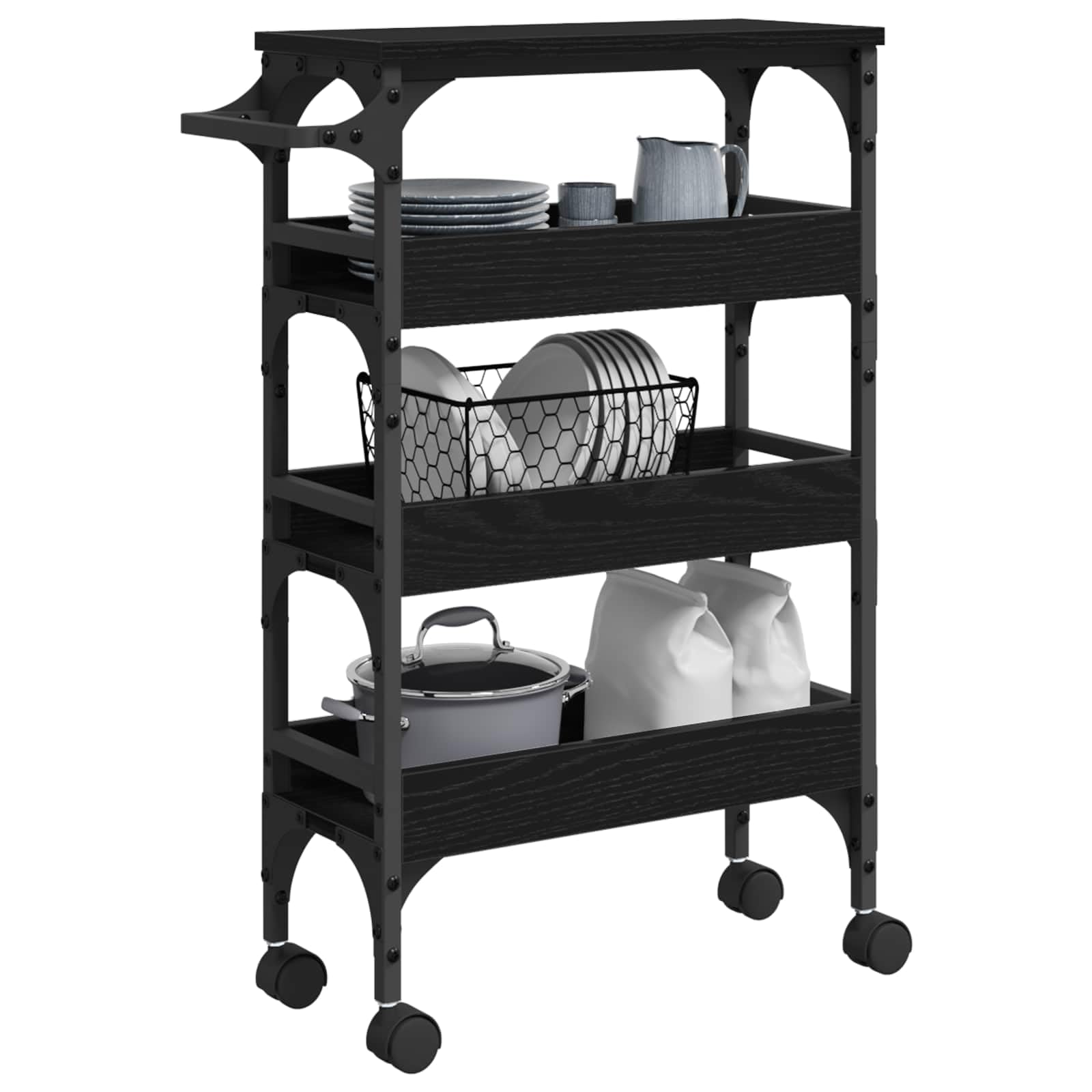 Chariot de Cuisine Industriel en Bois d'ingénierie chêne Noir 53 x 20 x 76 cm avec roulettes et Accents Acier, Rangement Mobile pour Petite Cuisine