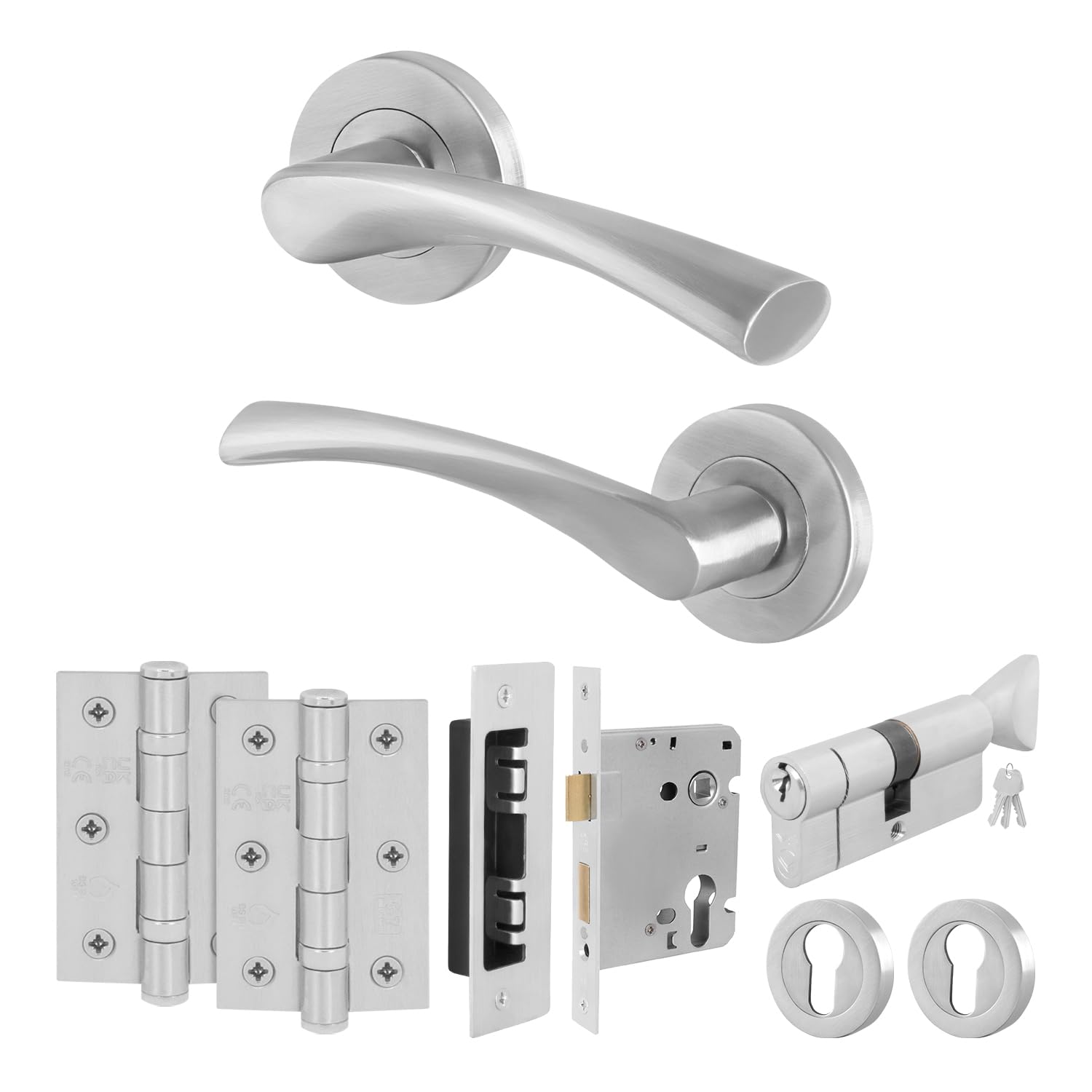 EAI Satin Door Handle Euro Lock, Thumbturn Cylinder Set, 1 Pair of Internal on Rose Satin Handle, Lock, Hinges - Novoli