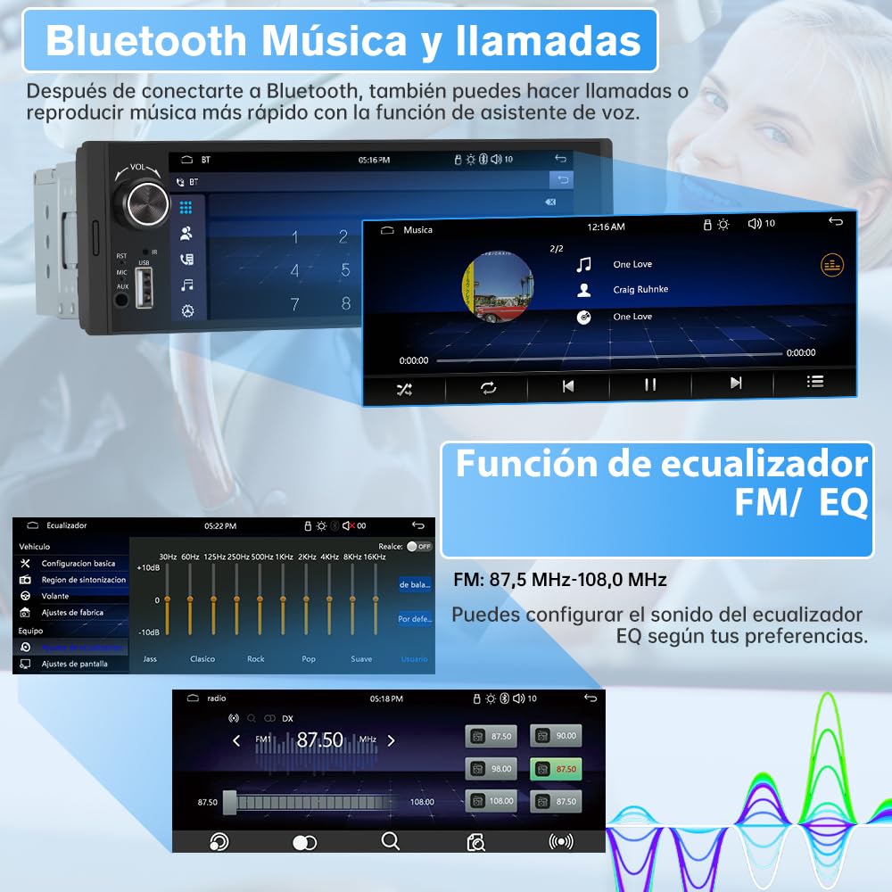 1 DIN Radio Coche Universal con Pantalla Táctil 6.36 Pulgadas, con CarPlay/AndroidAuto, Admite Carga Type-C/USB/Micrófono/FM/EQ/WiFi/GPS/Bluetooth/USB/SWC y Cámara Trasera