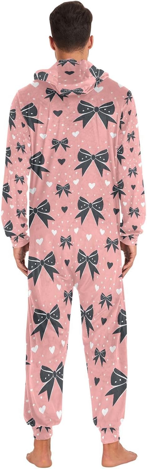Black Bow Heart Loves Pink Adult Onesie Pajamas Novelty One Piece Costume Sleepwear Jumpsuits Matching PJS
