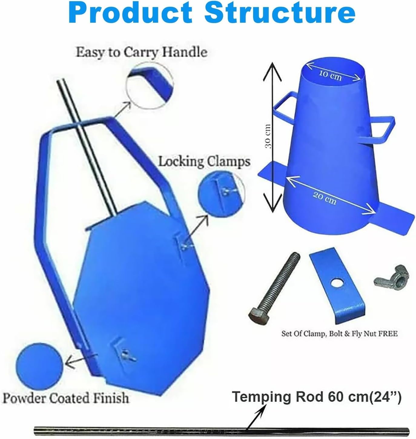 Kit per la Prova di consistenza del calcestruzzo con Cono, Attrezzatura Industriale in Acciaio per la Prova di consistenza del Cono con Asta di compattazione, Righello e Piastra di Base