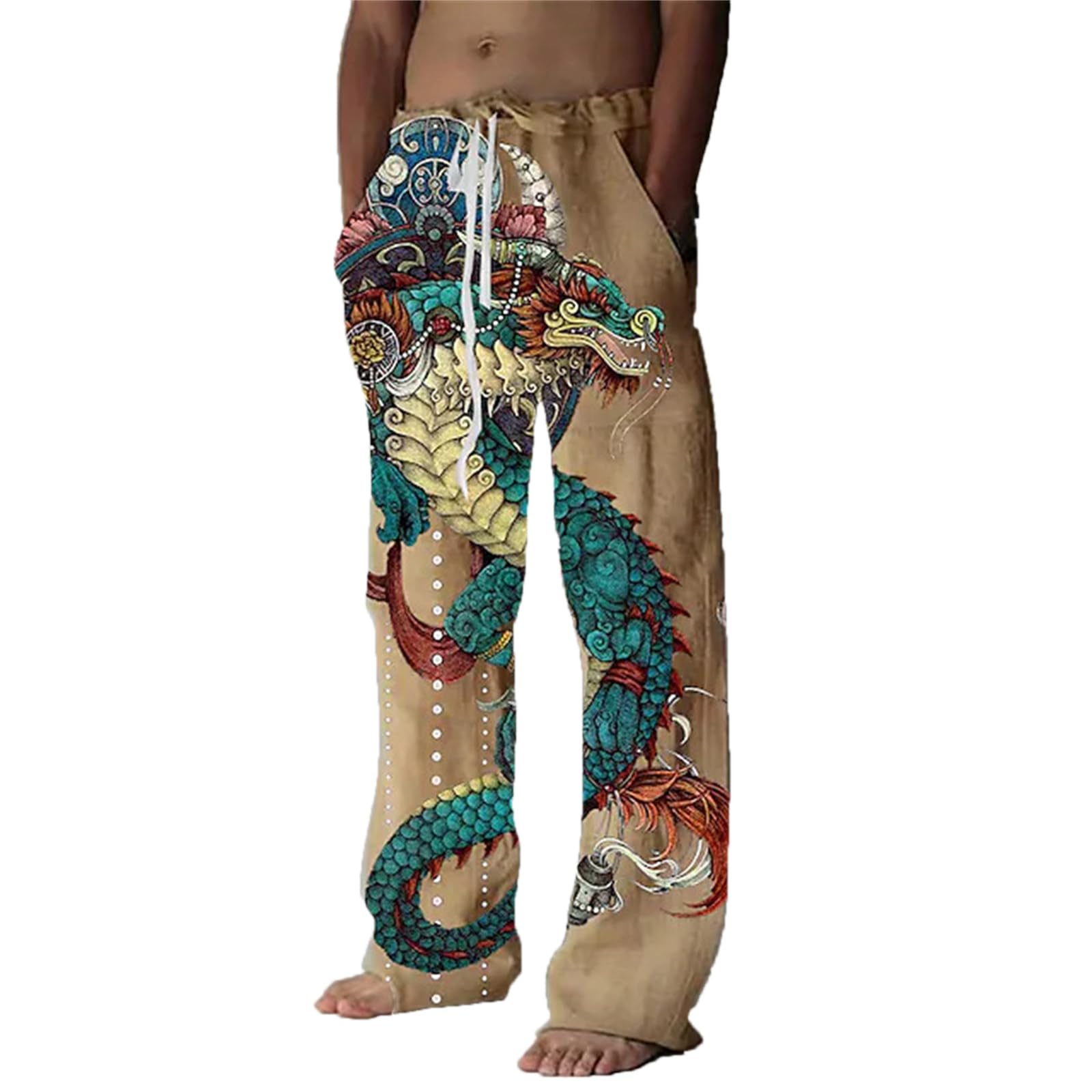Keephen Men's # 2 Pajama Lounge Pants Dragon Print Drawstring Comfy Casual Stretch Palazzo Bottoms Wide Leg Pants