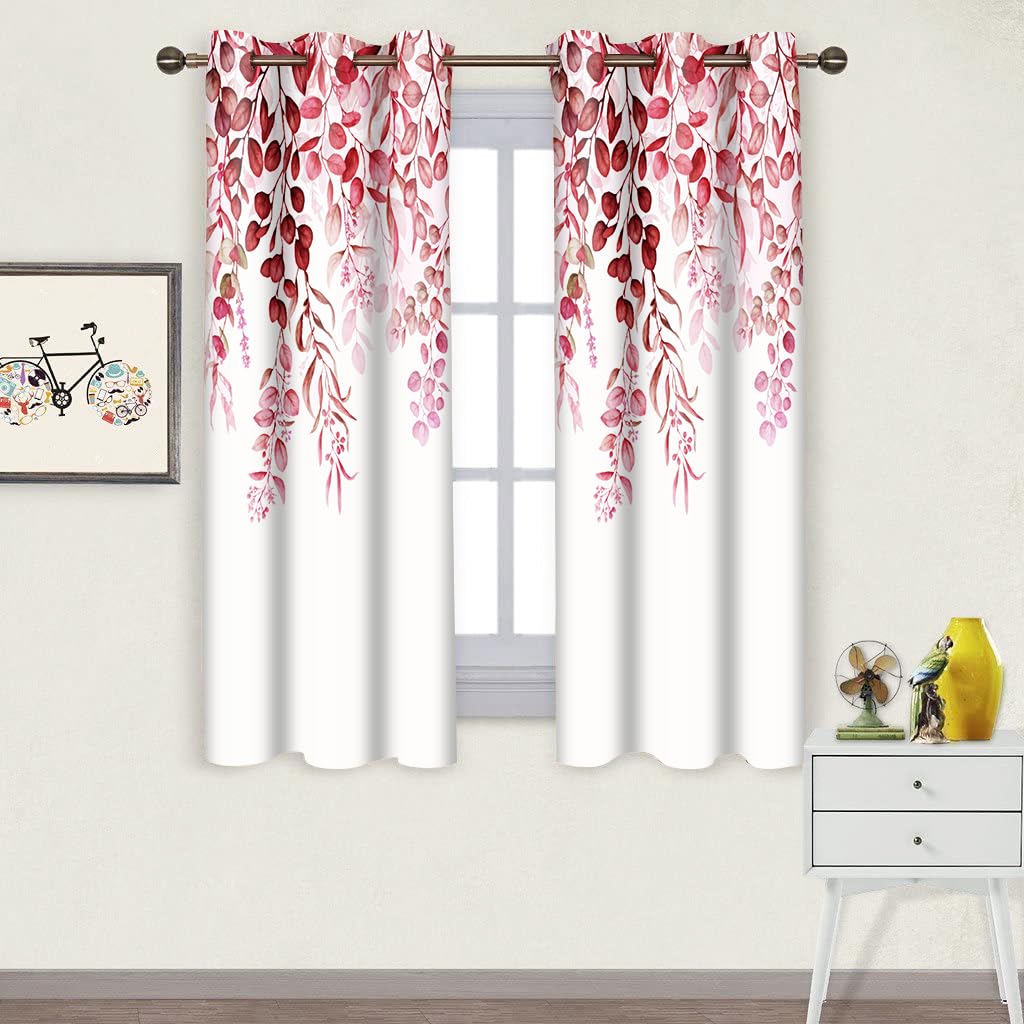 BSPPTI Eucalyptus Curtains, Weeping Burgundy Succulent Plant Flower Drapes Room Darkening Thermal Insulated Polyester Fabric, Grommets Window Drapes