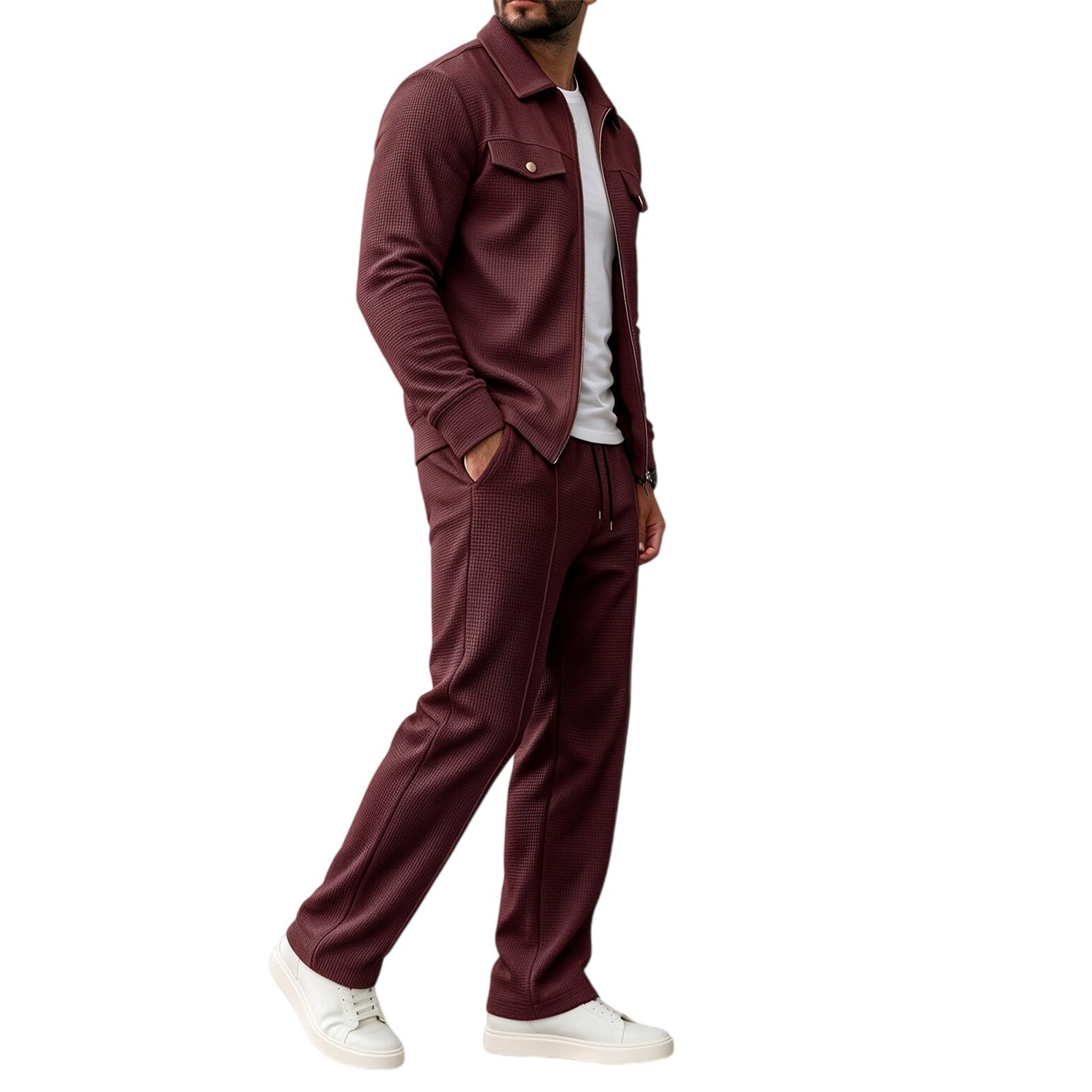 Uomo Tute Waffle 2 Pezzi Manica Lunga Cerniera Giacca & Pantaloni | Tuta Per Il Tempo Libero Sport Uomo Casual Giacca da Golf Pantaloni Jogging Tasca Set Casa Lavoro