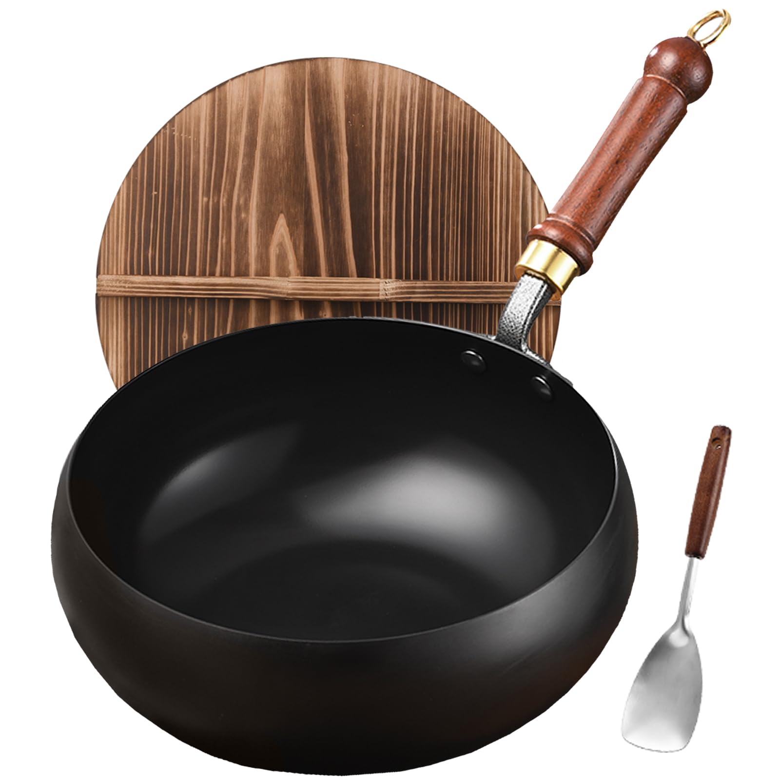 Carbon Steel Wok Pan, 9.5" Woks &amp; Stir-Fry Pans with Lid Cookwares, Nonstick Wok Flat Bottom Small Handmade Chinese Wok For for All Stoves