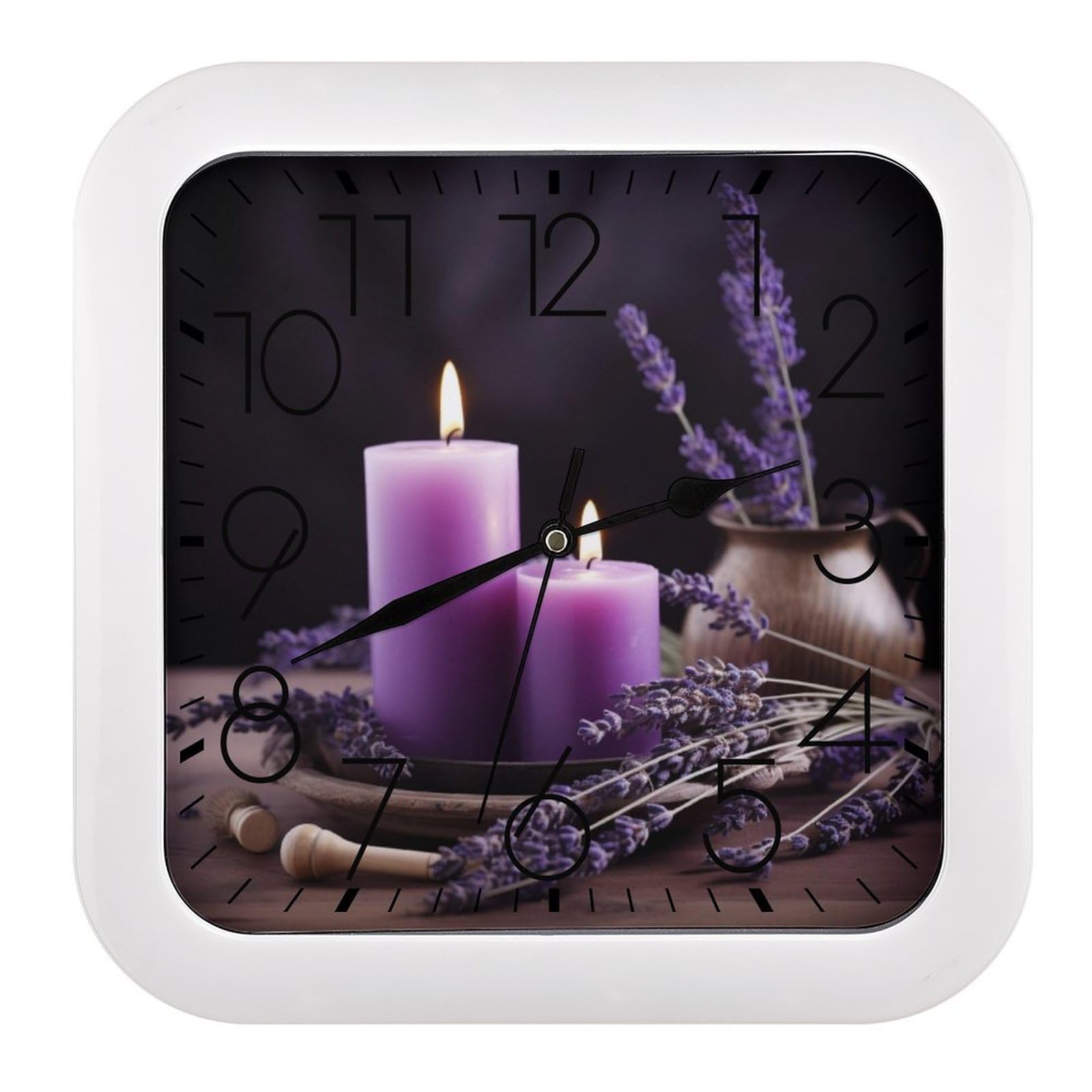 NTVOWPZO 10 Inch Wall Clock Purple Lavender with Candles Battery Operated Wall Clocks Silent Non-Ticking Square Wall Clock for Living Room Kitchen Home Office Wall Decorative Clocks