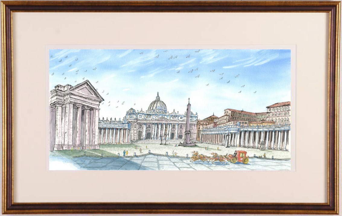 ローマの風景(水彩画)額付き ローマの風景(水彩画)額付き