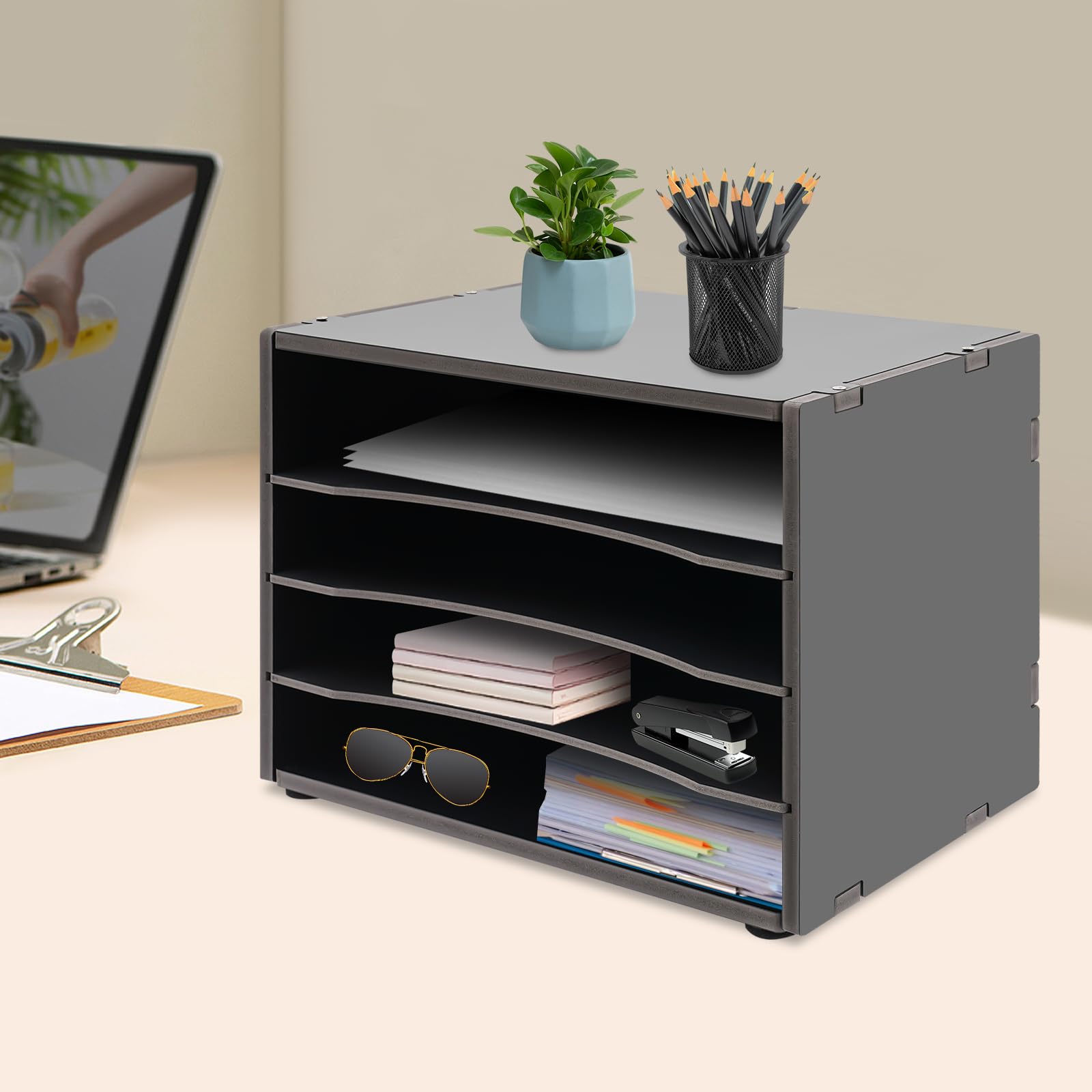RABEEXP Desk Paper Organzier 4 Compartments PVC-Board Desktop Organizer Storage Office Paper Shelves Letter Tray File Sorter with Adjustable Shelves for Office Home Classroom File Organizer (Black)