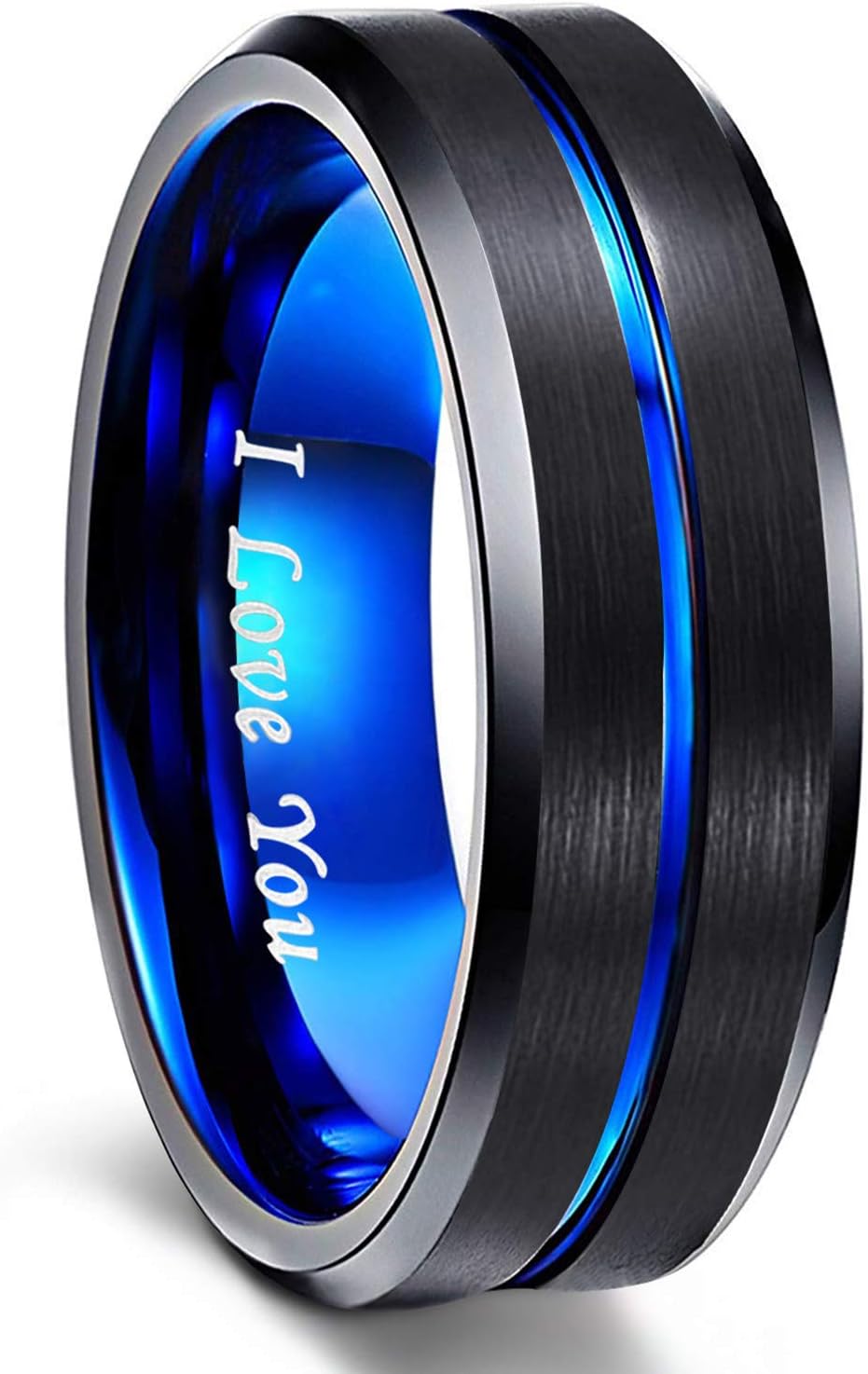 Mens Tungsten Ring Wedding Band 6mm 8mm 10mm Engraved I Love You Thin Blue/Black Centre Groove Comfort Fit Size 6-17