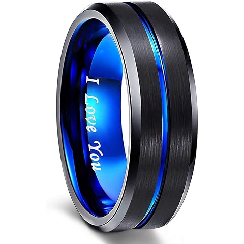 Greenpod Mens Tungsten Ring Wedding Band 6mm 8mm 10mm Engraved I Love You Thin Blue/Black Centre Groove Comfort Fit Size 6-17