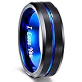 Mens Tungsten Ring Wedding Band 6mm 8mm 10mm Engraved I Love You Thin Blue/Black Centre Groove Comfort Fit Size 6-17