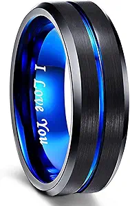 Greenpod Mens Tungsten Ring Wedding Band 6mm 8mm 10mm Engraved I Love You Thin Blue/Rose Gold/Black Centre Groove Comfort Fit Size 6-17