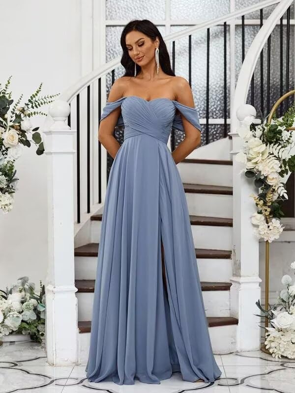 Women's Off The Shoulder Bridemaid Dresses Chiffon Formal Dress A-Line Evening Gown4