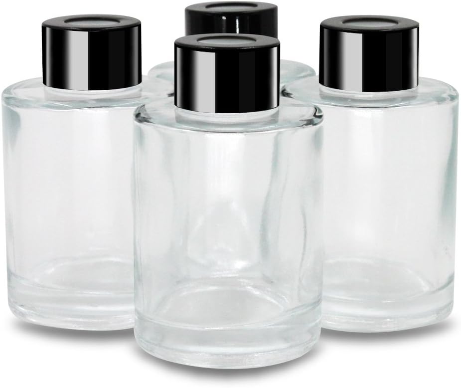 Frandy House Glass Diffuser Bottles Black Caps Refillable Diffuser Bottles Set of 4-3.15" High, 70ml 2.4 fl oz. Small Cylinder-Shape, Fragrance Accessories Use DIY Replacement Reed Diffuser