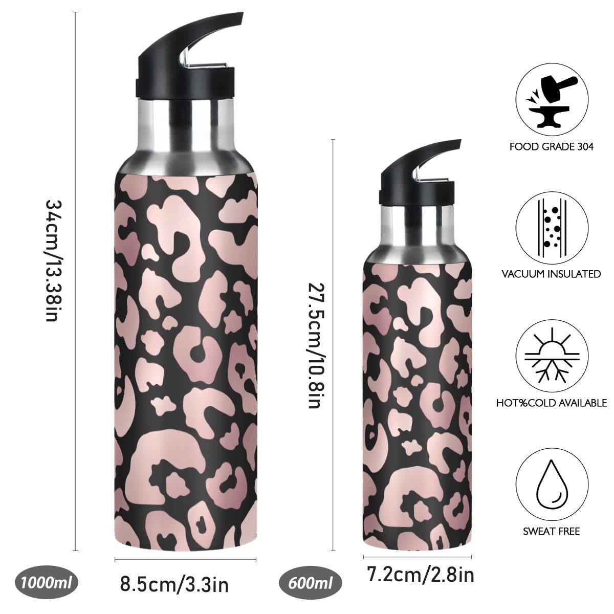 Edelstahl Wasserflasche mit Strohhalm, Schwarz Rose Gold Leopard Isolierte Trinkflasche Sport Wasserflasche für Kinder Erwachsene, Auslaufsicher, 1L