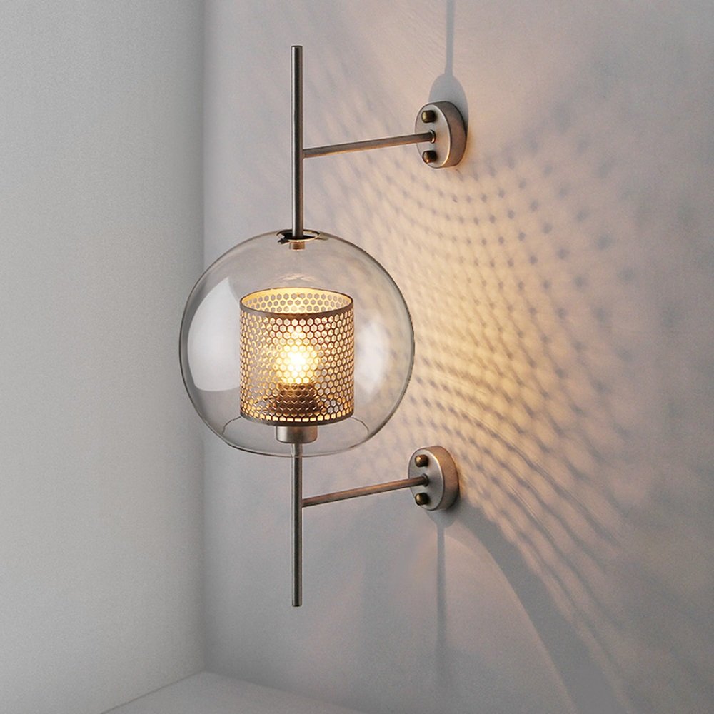 OZBMA Wall Mounted Light Modern Simple Glass Ball Sconce Hallway Staircase Bedroom Bedside Lamp Iron Metal Lantern Spotlight E27 Edison Decoration Restaurant Kitchen Aisle Re (Glass Small)