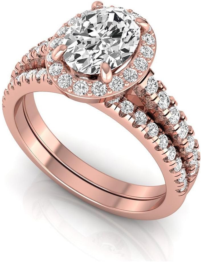 IGI Certified 1.65 Carat Oval Lab Grown Diamond (1 Ct, E, VS1) Halo Bridal Wedding Ring Set For Womens 14K Gold