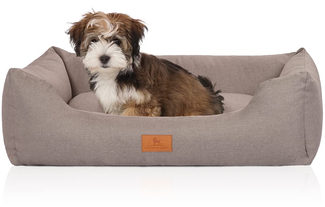 Knuffelwuff Hundebett Lotte aus Velours mit feinem Handwebcharakter M-L 85 x 63cm Lichtgrau - abnehmbarer Bezug - waschbar - für große, mittelgroße und kleine Hunde