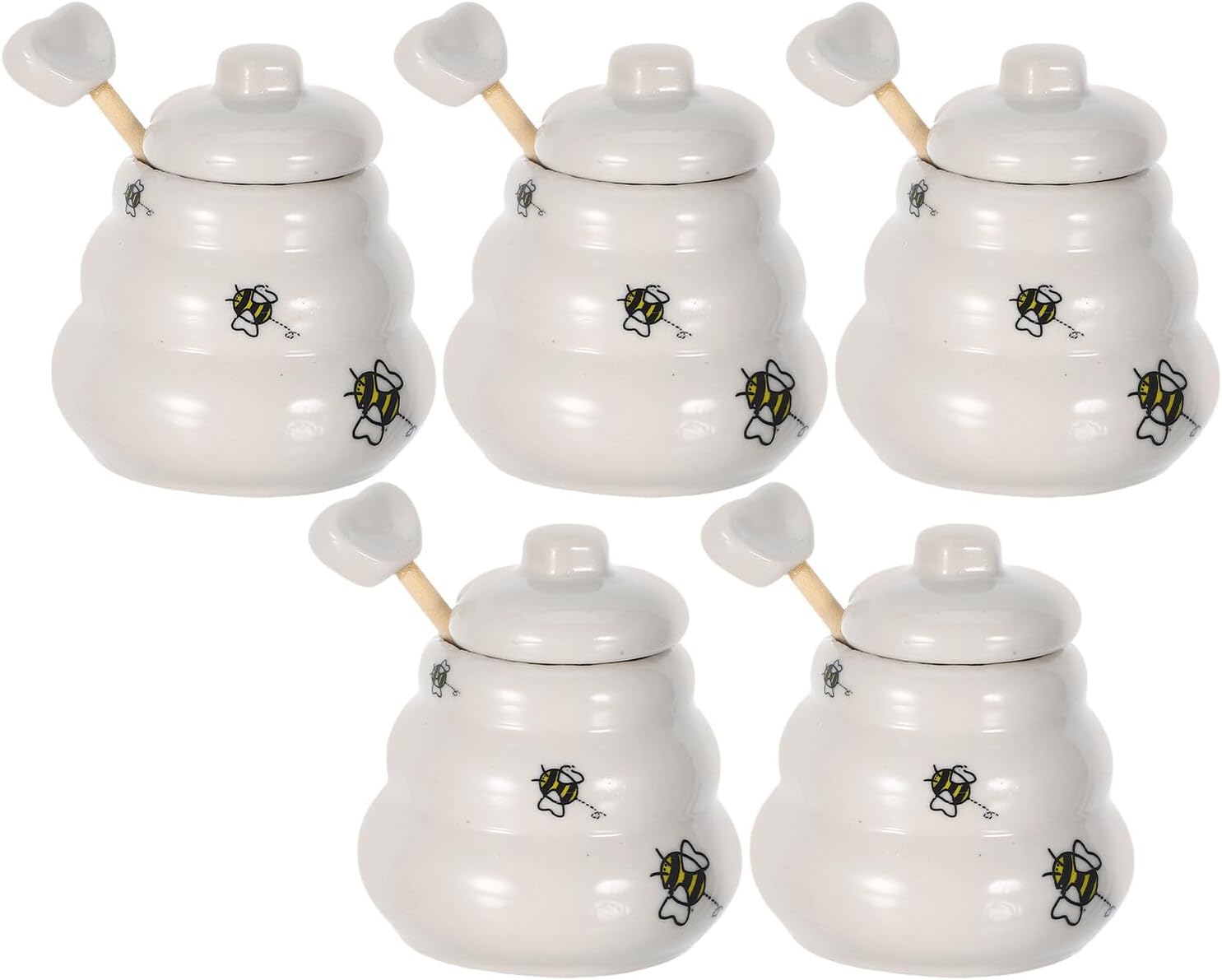 5Pcs Ceramic Honey Pot and Dipper Set with Lid, Bee Honey Jar for Kitchen Dining, Reusable Serveware Suitable for Home and Party