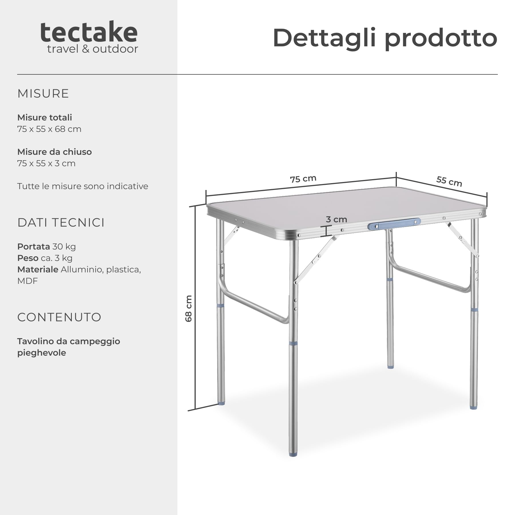 tectake® Tavolo da Campeggio Pieghevole in Alluminio, 75 x 55 x 68 cm, con Maniglia, Tavolo da Giardino Regolabile Salvaspazio, Tavolino Portatile, Resistente alle Intemperie - Grigio