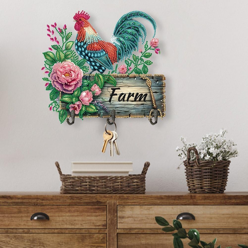 DIY 5D Farm Flowers Cock Diamond Painting Wall Hooks Coat Hooks Wall Mounted Wooden Coat Rack with 3 Black Metal Hooks Rooster Diamond Art Decorative Hooks Rail for Hanging, Bathroom, Entryway image 3