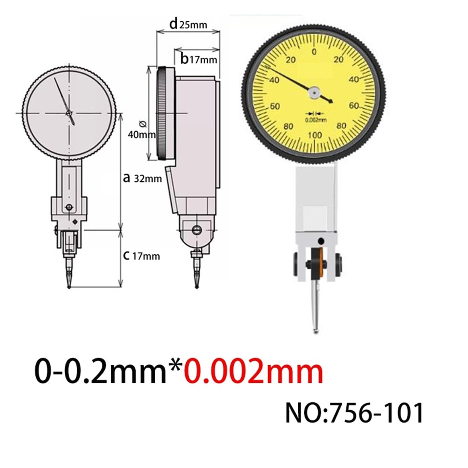 Indicateur à cadran, Petit indicateur de Table d'étalonnage haute précision 0.01mm, levier à cadran, matériau en acier, 1 pièce(0-0.2mm 0.002mm)